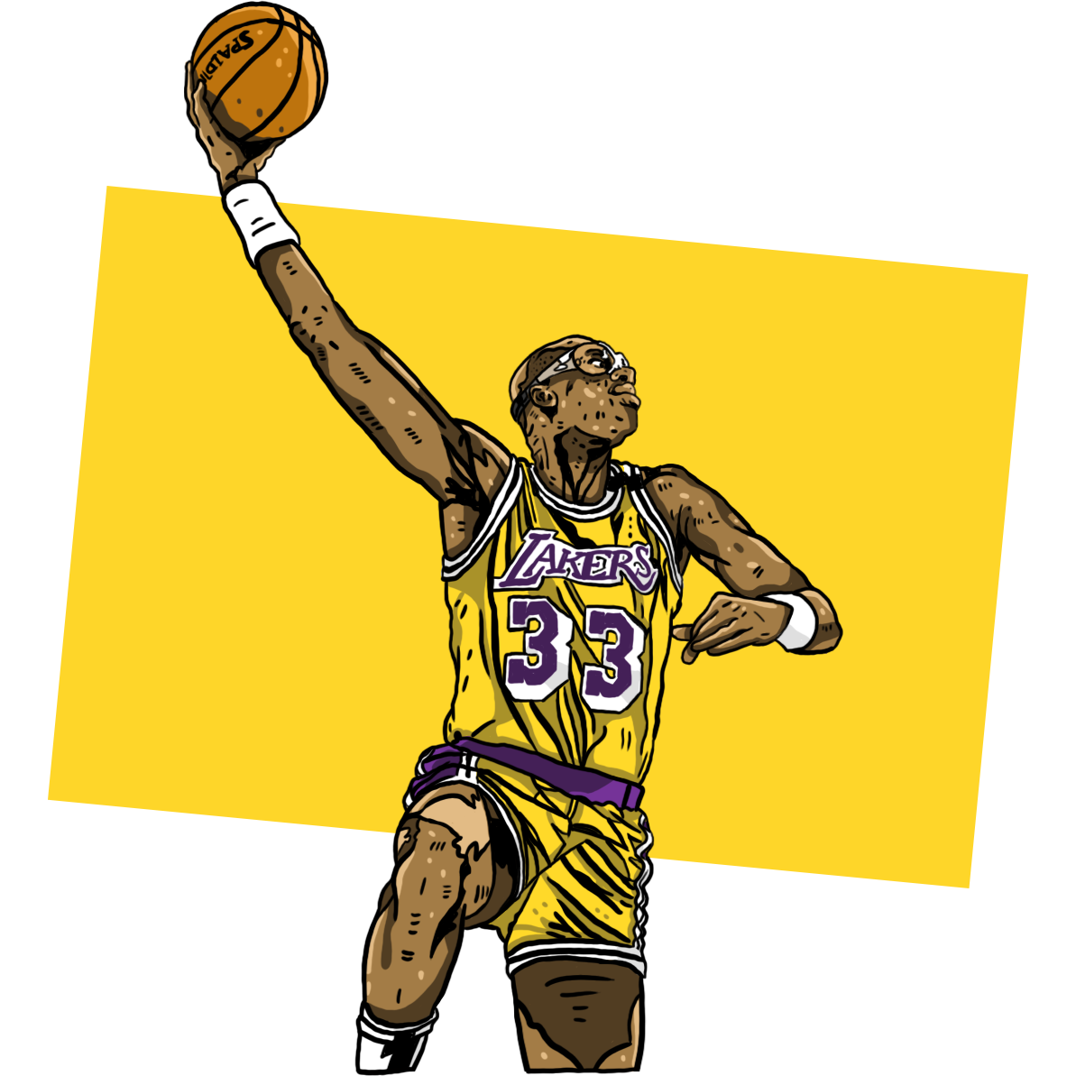 Illustration of Kareem Abdul-Jabbar in a yellow #33 jersey jumping and shooting a sky hook.