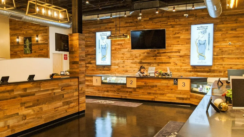 The present-day interior of the renovated Panacea Wellness cannabis business in Middleboro, Massachusetts, located in a former furniture and appliance store space.