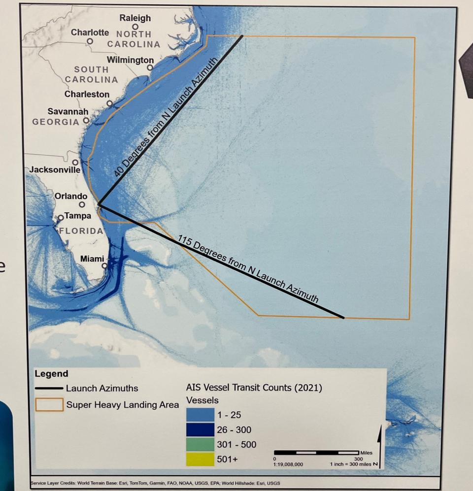 U.S. Coast Guard personnel displayed this posterboard showing a large potential offshore Super Heavy landing zone during Tuesday's SpaceX Starship open house at the Catherine Schweinsberg Rood Central Library in Cocoa.