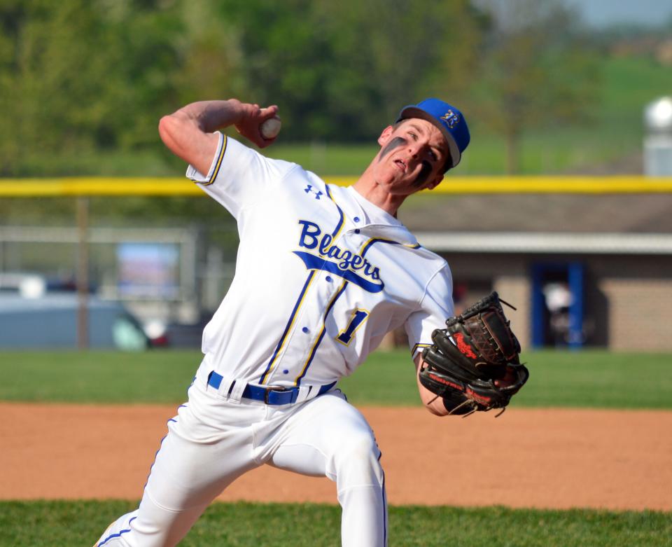 Clear Spring starter Braeden Wade delivers a pitch during the Blazers' 9-1 win over Boonsboro in the 1A West Region II quarterfinals.