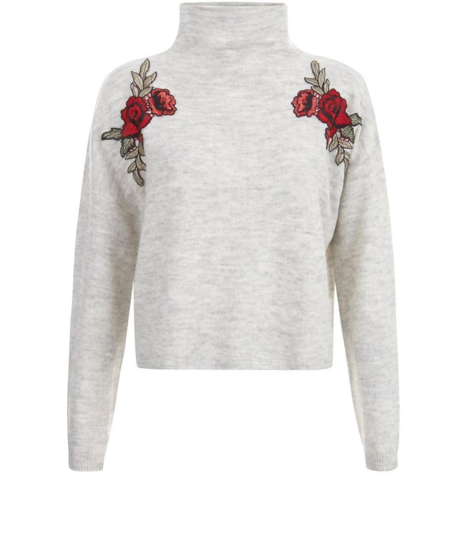 Embroidered Funnnel Neck Sweater