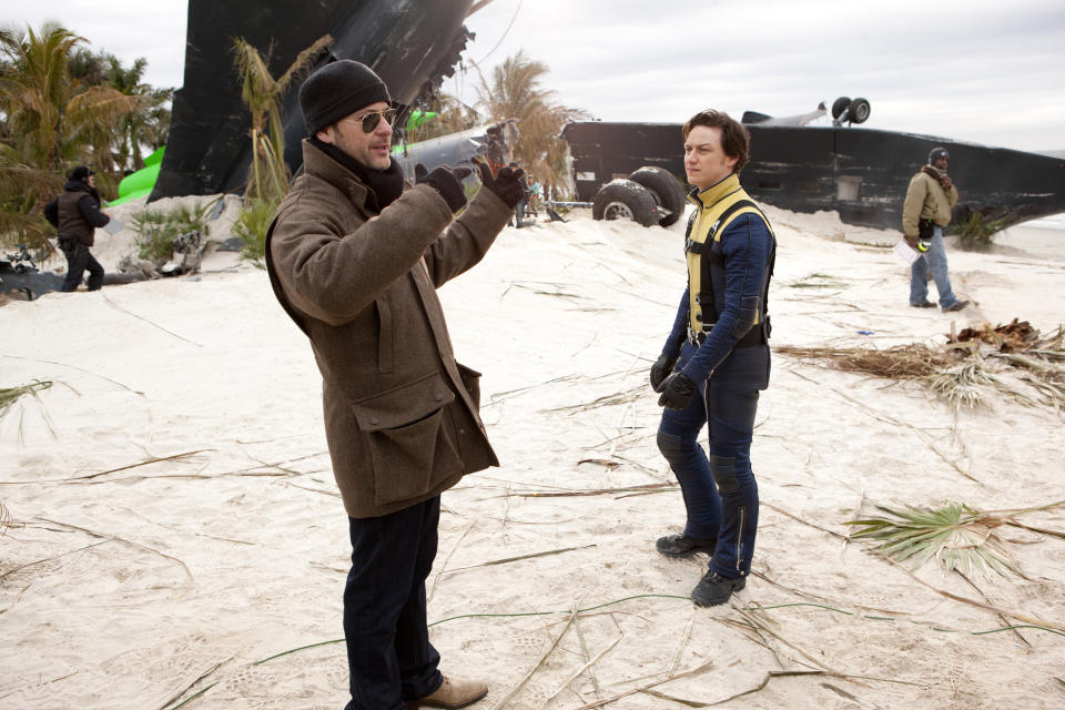 Scottish actor James McAvoy as Charles Xavier and English director Matthew Vaughn filming a scene for the film 'X-Men: First Class', 2011. (Photo by Murray Close/Getty Images)