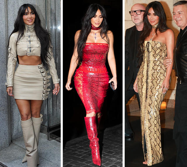 Kim Kardashian Gets Edgy in Belted Skirt & Boots at Milan Fashion Week –  Footwear News
