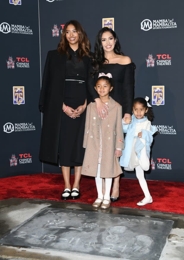 HOLLYWOOD, CALIFORNIA - MARCH 15: (L-R) Natalia Bryant, Vanessa Bryant, Bianka Bryant and Capri Bryant attend a ceremony unveiling and permanently placing Kobe Bryant's hand and footprints in the forecourt of the TCL Chinese Theatre on March 15, 2023 in Hollywood, California. (Photo by JC Olivera/Getty Images)<p><a href="https://www.gettyimages.com/detail/1473784123" rel="nofollow noopener" target="_blank" data-ylk="slk:JC Olivera/Getty Images;elm:context_link;itc:0;sec:content-canvas" class="link ">JC Olivera/Getty Images</a></p>