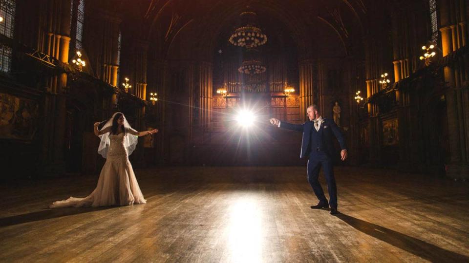 Caption: Go for an amazing wedding photo dualling in the great hall