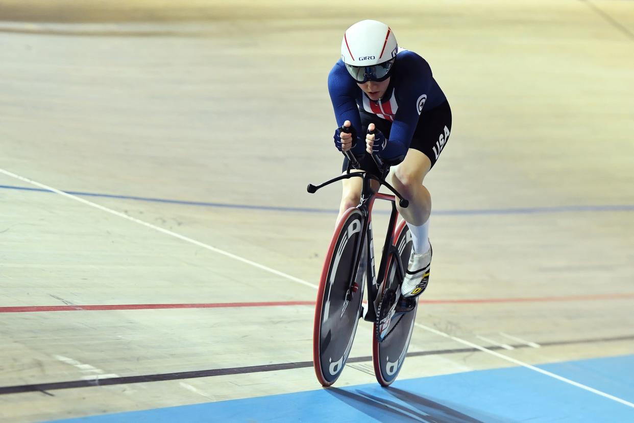 US Kelly Catlin competes  in the women's individual pursuit bronze medal race during the UCI Track Cycling World Championships in Apeldoorn on March 3, 2018.  / AFP PHOTO / EMMANUEL DUNAND        (Photo credit should read EMMANUEL DUNAND/AFP/Getty Images)