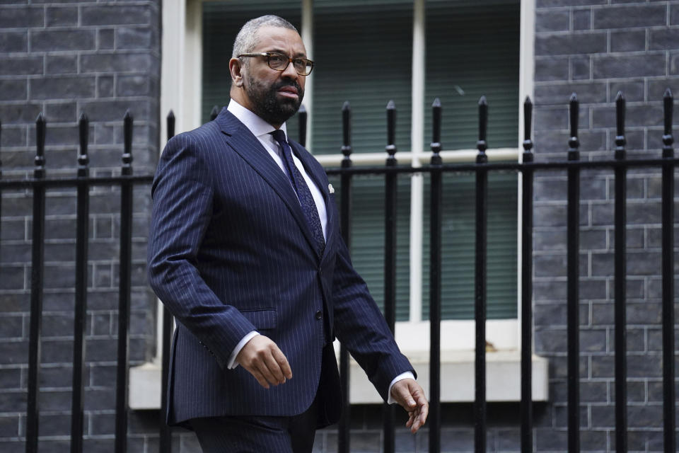 Newly appointed British Home Secretary James Cleverly leaves 10 Downing Street as British Prime Minister Rishi Sunak is conducting a ministerial reshuffle following the sacking of Home Secretary Suella Braverman, in London, Monday, Nov. 13, 2023. Sunak on Monday fired Braverman, a divisive figure who drew anger for accusing police of being too lenient with pro-Palestinian protesters. The government said Braverman had left her job as part of a Cabinet shuffle as Sunak shakes up his top government team. (James Manning/PA via AP)