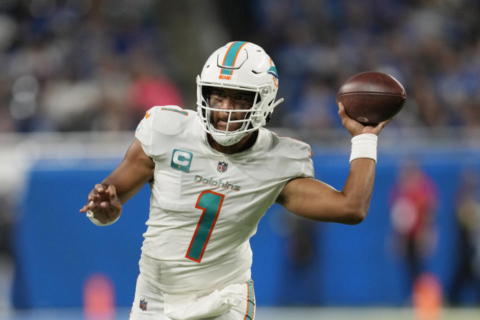 Tua Tagovailoa was fantasy's top-scoring QB in Week 8, but we're used to signal-callers being much higher on the Top-10 list. (AP Photo/Paul Sancya)