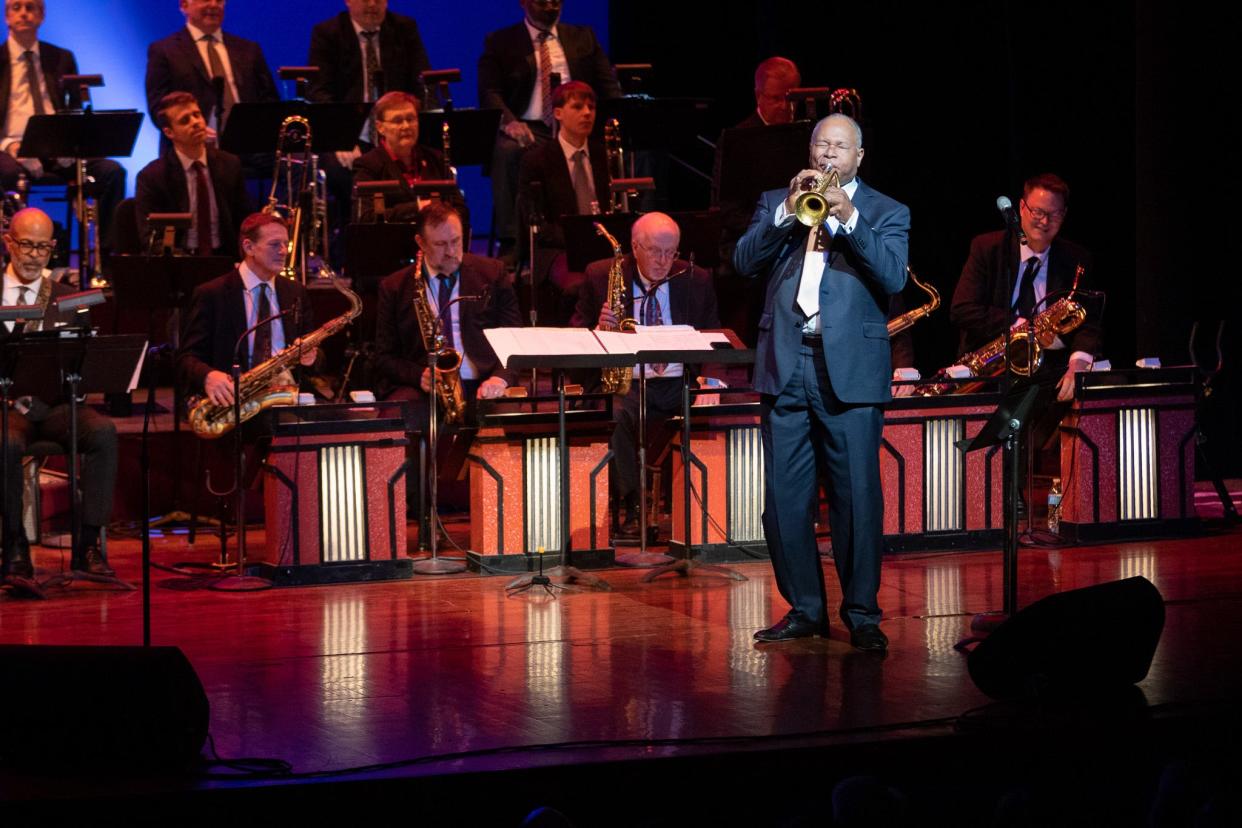 The Columbus Jazz Orchestra, pictured with Artistic Director Byron Stripling. The group will perform “Ellington, Basie and Miles” at the Southern Theatre this weekend.