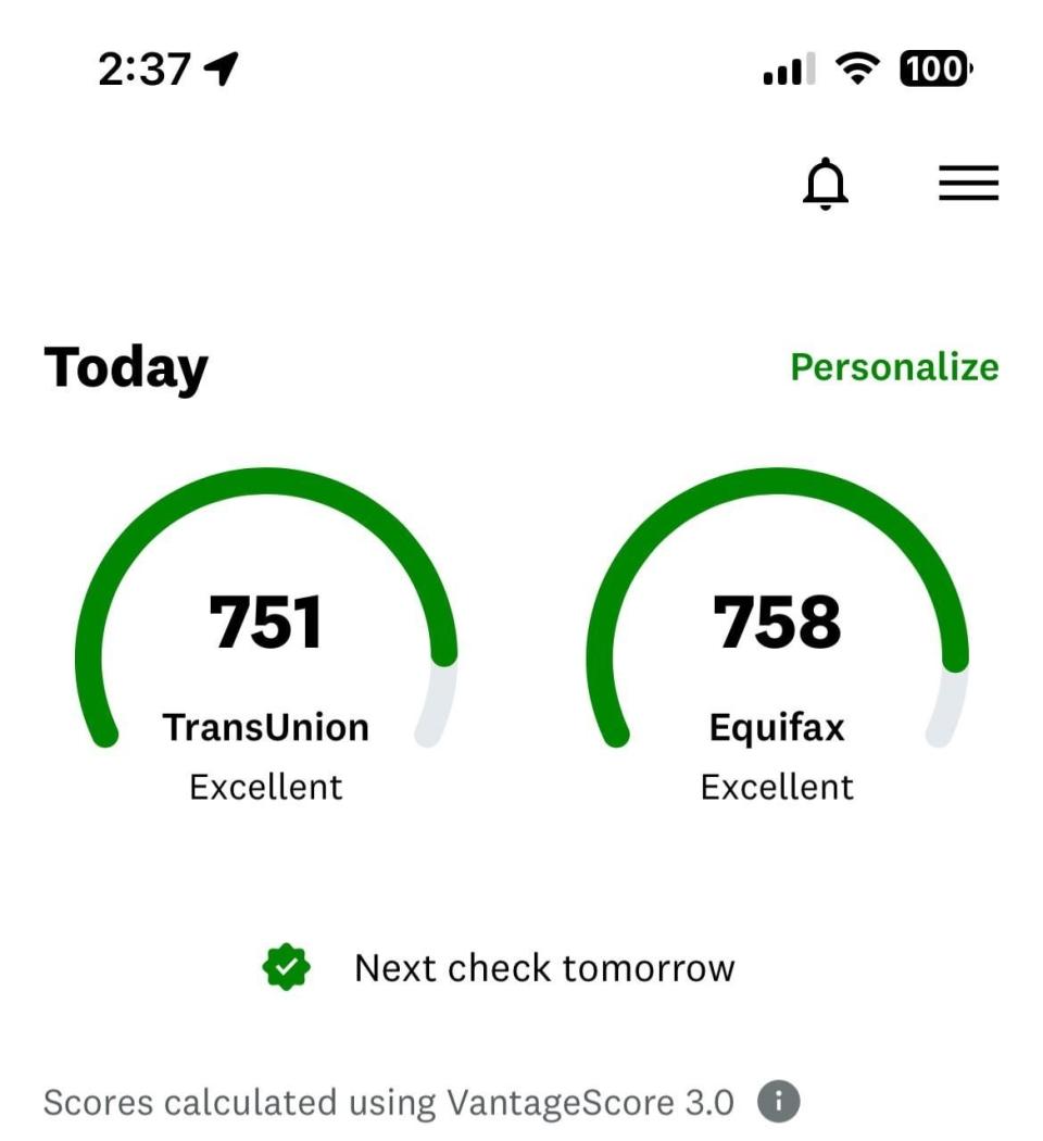 Credit scores: TransUnion 751, Equifax 758; both excellent. Next check tomorrow. Scores calculated using VantageScore 3.0. Time: 2:37. Battery: 100%. Wi-Fi on