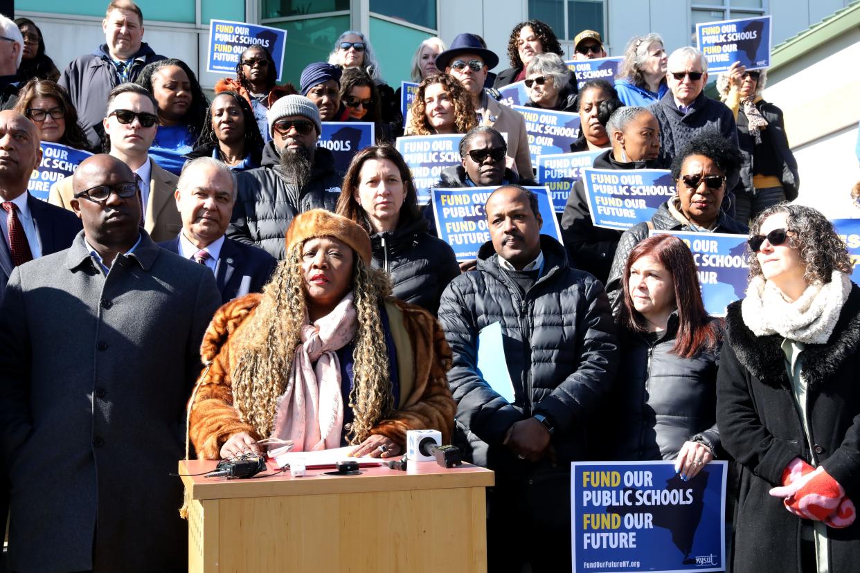 Mount Vernon Acting Superintendent K. Veronica Smith speaks at a rally against the proposed state foundation aid cuts to schools at Benjamin Turner Academy in Mount Vernon March 1, 2024. Mount Vernon is one of half of the districts in the state to receive less funding.