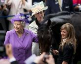 <p>The Queen with Princess Anne and her horse, Estimate.</p>