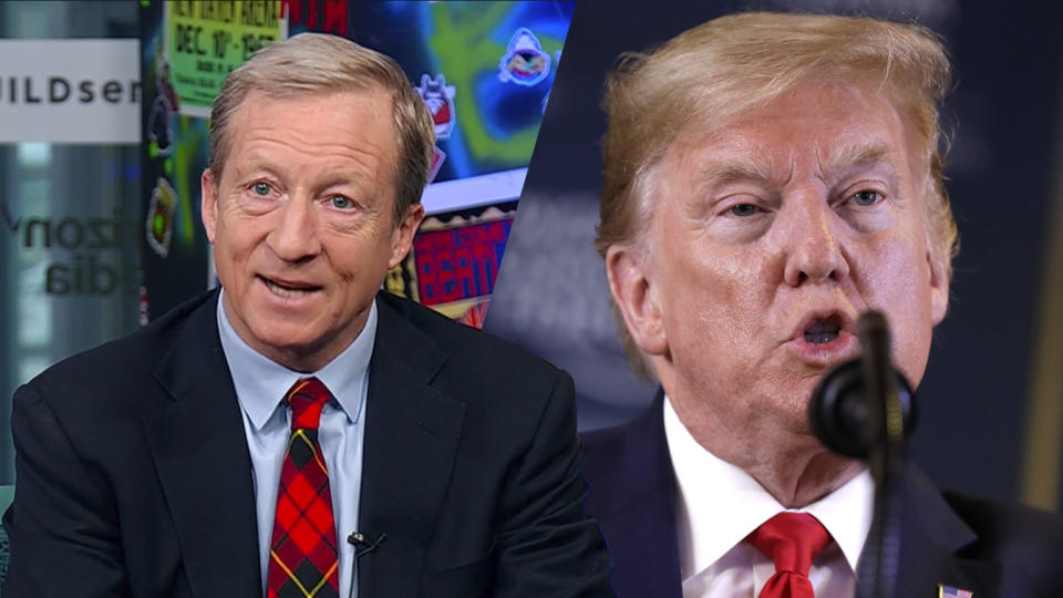 Tom Steyer and President Donald Trump. (Photos: Screengrab via BUILD/Yahoo News, Evan Vucci/AP)