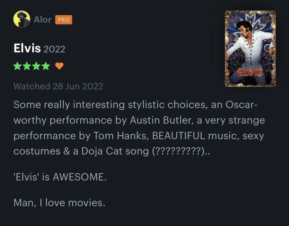 Letterboxd comment for Elvis film