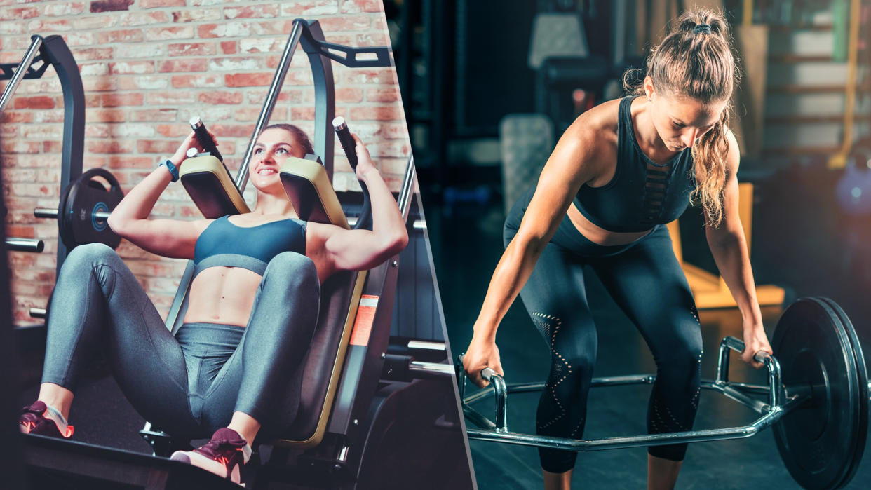  A woman using a hack squat machine next to a photo of a woman Woman performing a hex bar deadlift mid lift in a gym . 