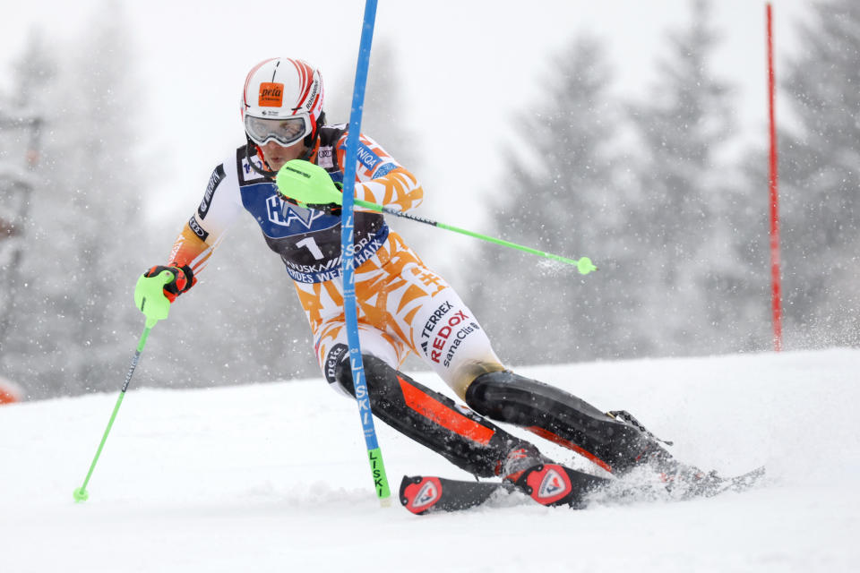 Slovakia's Petra Vlhova speeds down the course during the first run of an alpine ski, women's World Cup slalom race, in Kranjska Gora, Slovenia, Sunday, Jan. 7, 2024. (AP Photo/Giovanni Maria Pizzato)