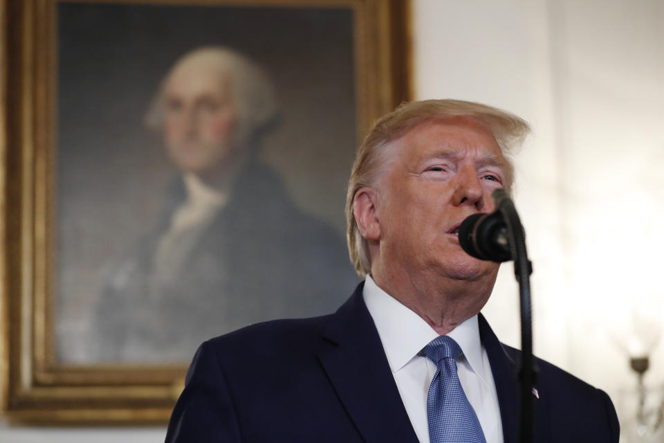 President Donald Trump speaks Wednesday, Oct. 23, 2019, in the Diplomatic Room of the White House in Washington. (AP Photo/Jacquelyn Martin)