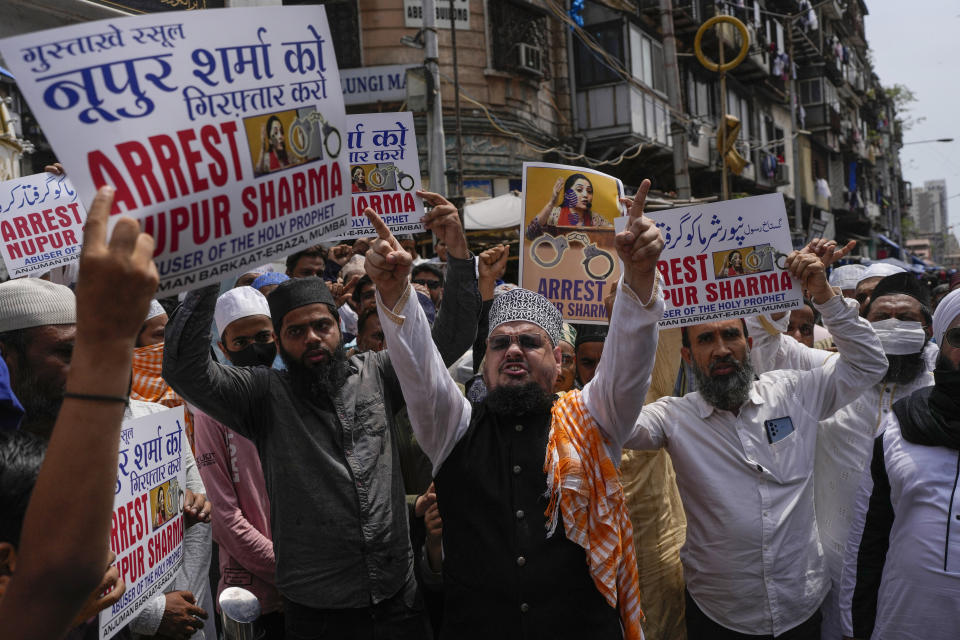 Indian Muslims shout slogans as they react to the derogatory references to Islam and the Prophet Muhammad made by top officials in the governing Hindu nationalist party during a protest in Mumbai, India, Monday, June 6, 2022. At least five Arab nations have lodged official protests against India, and Pakistan and Afghanistan also reacted strongly Monday to the comments made by two prominent spokespeople from Prime Minister Narendra Modi’s Bharatiya Janata Party. (AP Photo/Rafiq Maqbool)