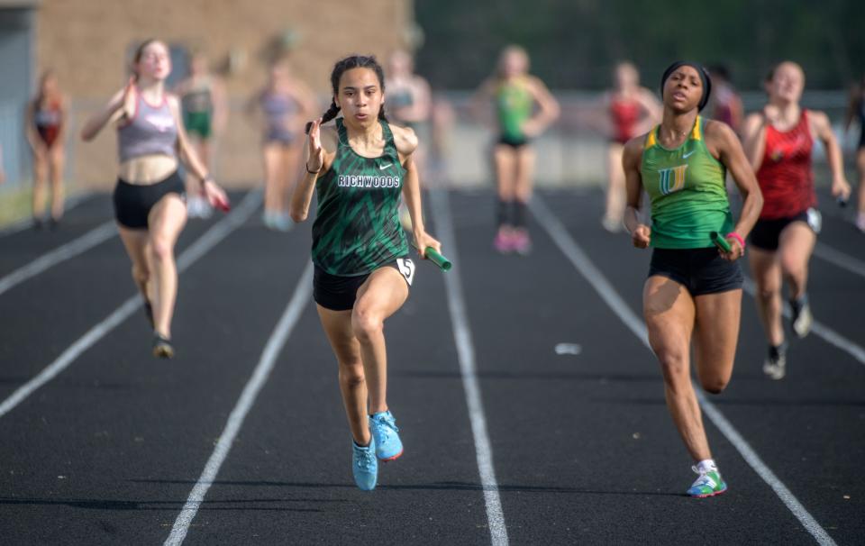 Richwoods' Lena Jackson cruises to victory as the anchor leg of the Knight's 4X100-meter relay during the Class 2A Girls Dunlap Sectional track and field meet Wednesday, May 11, 2022 at Dunlap High School. The foursome of Jackson, Mariah Cade, Brenna Huff and Olivia Skibinski qualifed for state in a time of :48.69.