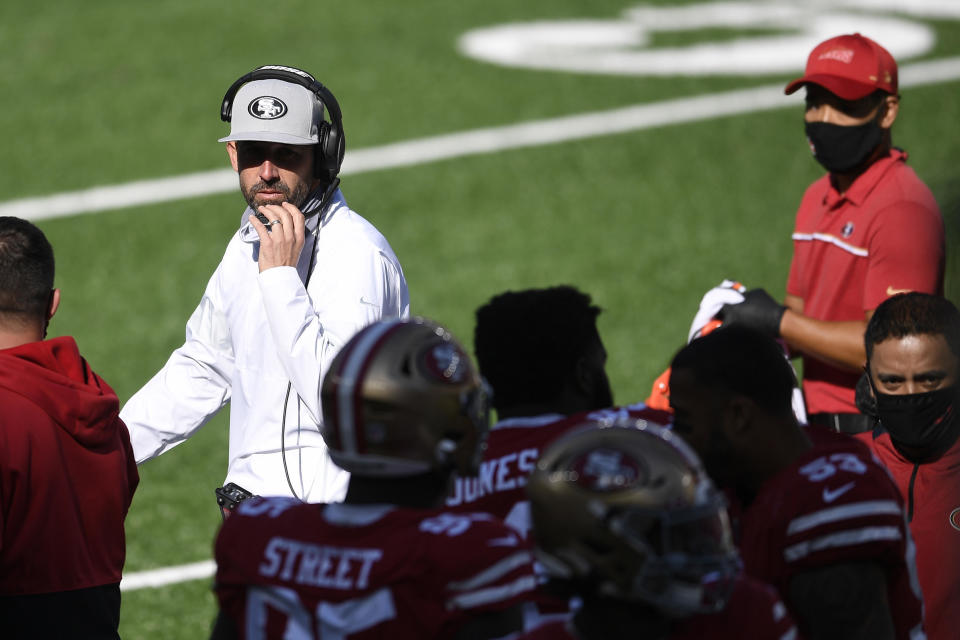 Head coach Kyle Shanahan of the San Francisco 49ers looks on during the second half against the New York Jets at MetLife Stadium on September 20, 2020 in East Rutherford, New Jersey. / Credit: / Getty Images