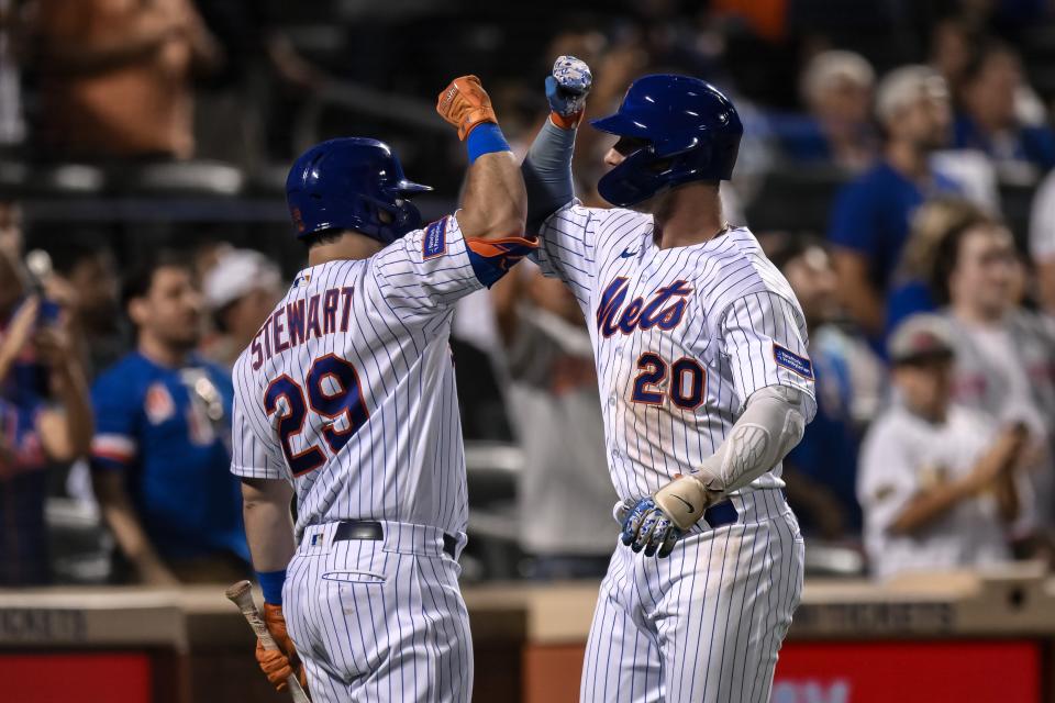 Sep 12, 2023; New York City, New York, USA; New York Mets first baseman Pete Alonso (20) is greeted by New York Mets right fielder DJ Stewart (29) after hitting a two run home run against the Arizona Diamondbacks during the fifth inning at Citi Field. Mandatory Credit: John Jones-USA TODAY Sports