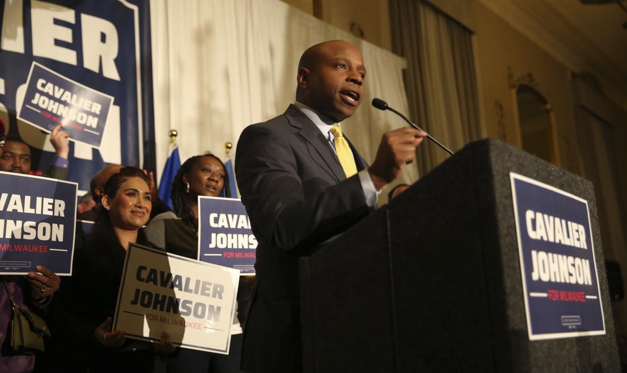 Cavalier Johnson gives a victory speech after being elected Milwaukee mayor, Tuesday, April 5, 2022, in Milwaukee. 