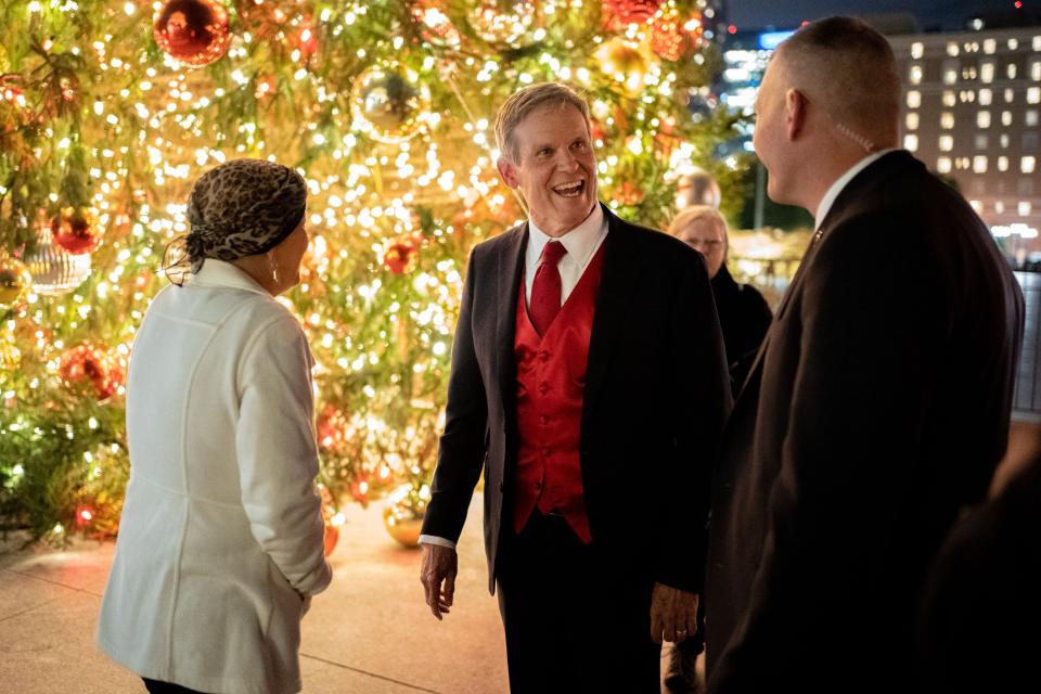 Gov. Bill Lee and first lady Maria Lee view the tree during the annual Christmas at the Capitol celebration event at the State Capitol in Nashville, Tenn., Monday, Nov. 28, 2022.