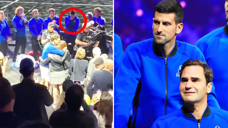 Novak Djokovic, pictured here breaking down in tears after receiving a hug from Roger Federer's wife Mirka.