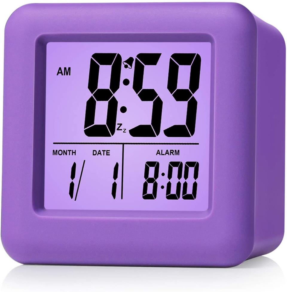 purple travel alarm clock