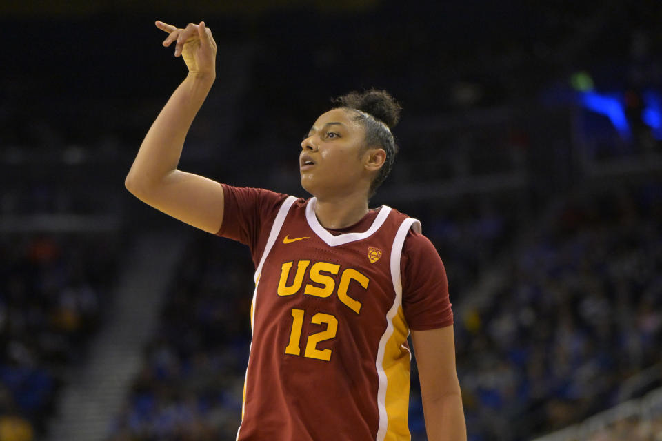 Dec 30, 2023; Los Angeles, California, USA; USC Trojans guard JuJu Watkins (12) watches a shot in the second half against the UCLA Bruins at Pauley Pavilion presented by Wescom. Jayne Kamin-Oncea-USA TODAY Sports