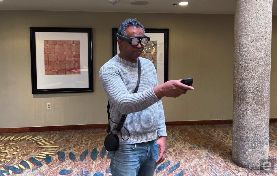 Wearing Magic Leap 2 goggles with compute pack 