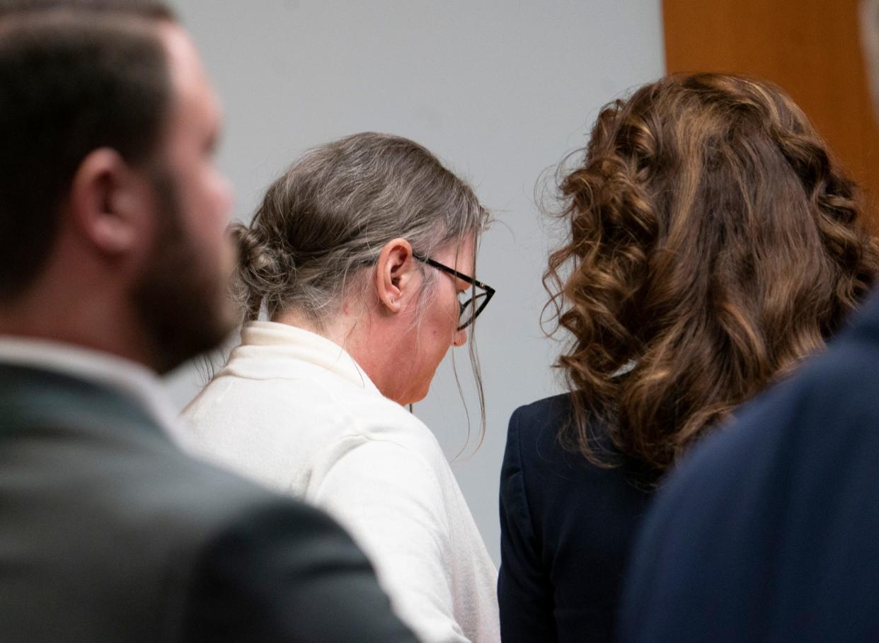 Jennifer Crumbley looks on after she was found guilty on four counts involuntary manslaughter in the Oakland County courtroom of Cheryl Matthews on Tuesday, Feb. 6, 2024.
