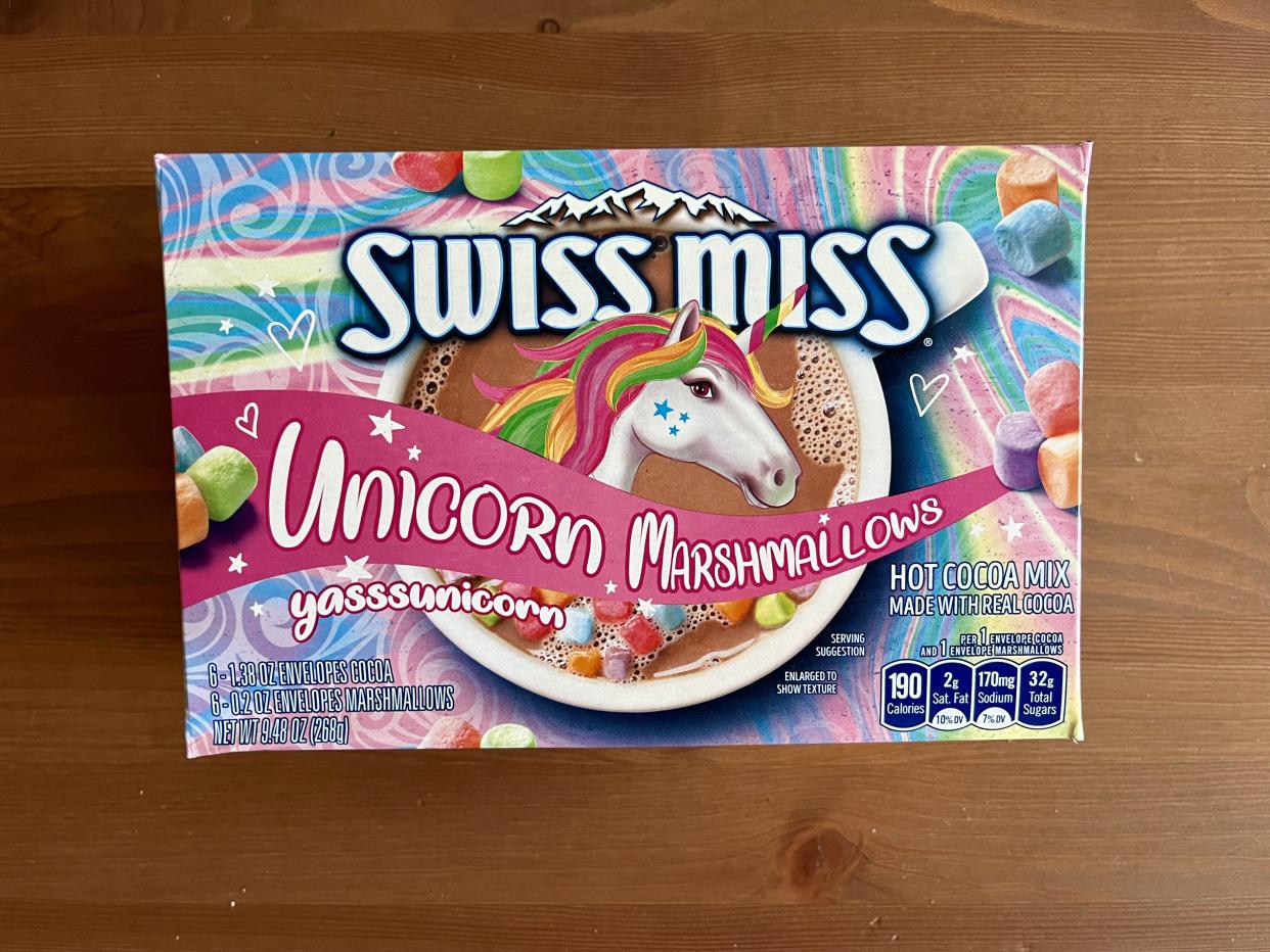 a box of swiss miss hot cocoa with unicorn marshmallows