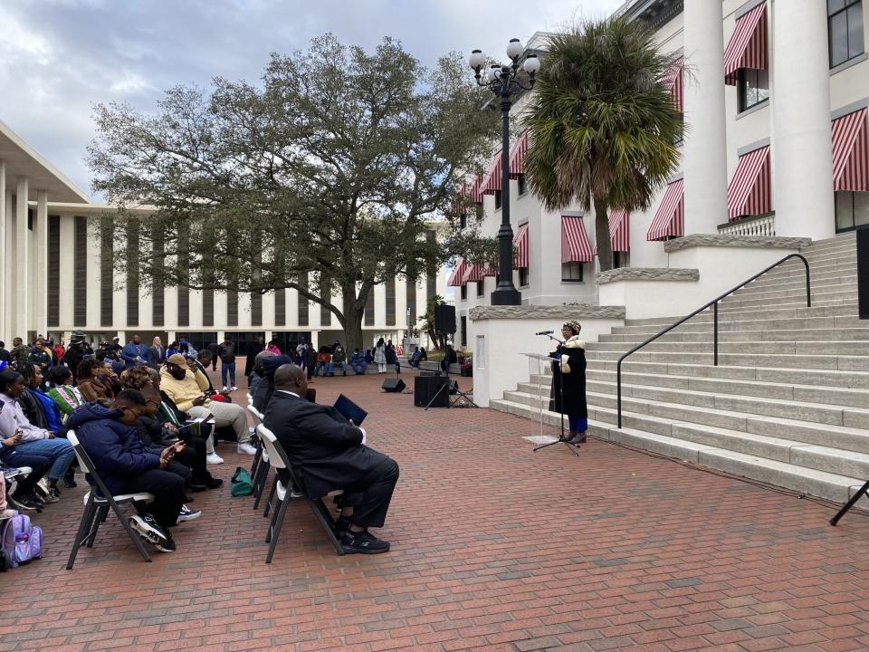 Leon County Commissioner Carolyn Cummings presents a speech as part of the NAACP march and rally at the capitol in honor of Martin Luther King Jr.