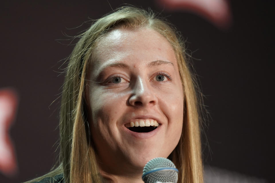 Iowa State's Emily Ryan talks to the media during Big 12 NCAA college basketball media day Tuesday, Oct. 18, 2022, in Kansas City, Mo. (AP Photo/Charlie Riedel)
