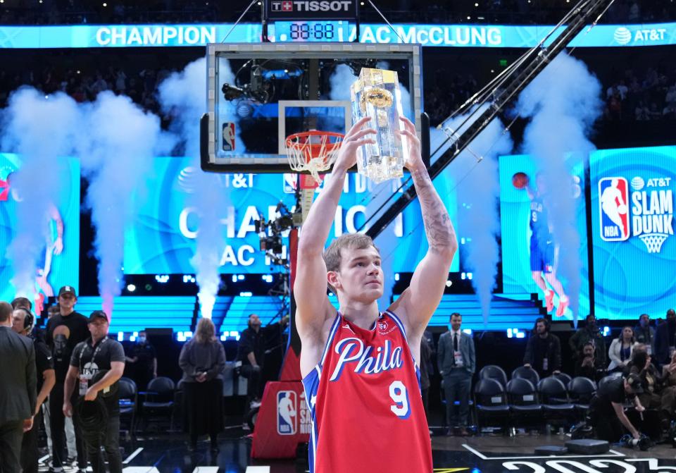 Mac McClung celebrates with the trophy after winning the Dunk Contest.