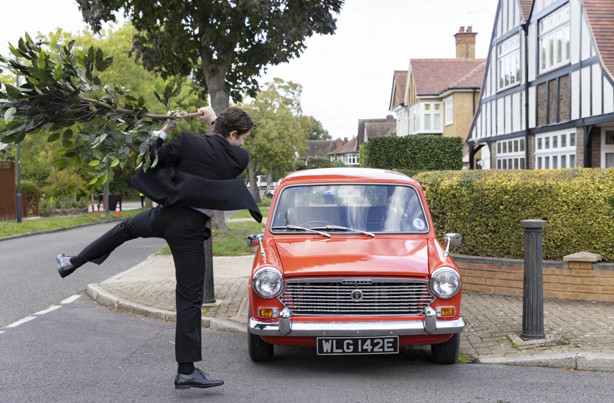 Conall Turner recreated the classic Fawlty Towers scene of Basil Fawlty losing his temper with his broken-down car (Matt Alexander/Gold/PA)