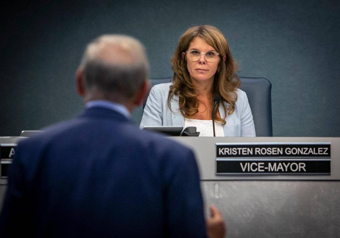 Miami Beach Commissioner Kristen Rosen Gonzalez faces Miami Dolphins owner Steve Ross at a commission meeting on July 20, 2022, about development of the former Deauville Hotel site.