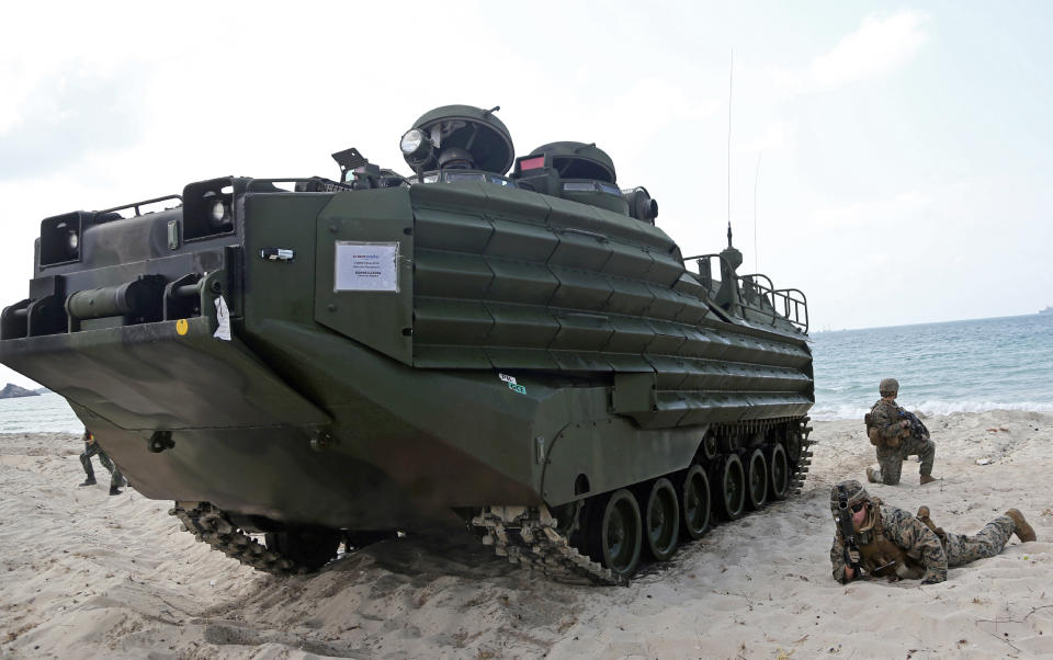 FILE - U.S. soldiers land with an amphibious assault vehicle (AAV) during a U.S.-Thai joint military exercise titled "Cobra Gold" on Hat Yao beach in Chonburi province, eastern Thailand, Saturday, Feb. 16, 2019. A training accident off the coast of Southern California in an AAV similar to this one has taken the life of one Marine, injured two others and left eight missing Thursday, July 30, 2020. In a Friday morning tweet, the Marines say the accident happened Thursday and search and rescue efforts are underway with support from the Navy and Coast Guard. (AP Photo/Sakchai Lalit)