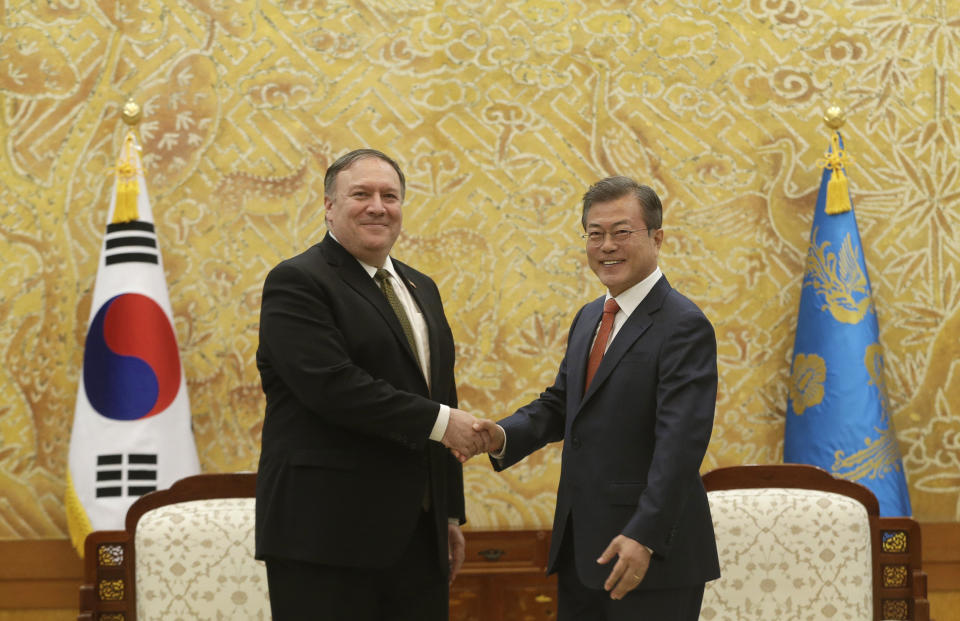 South Korean President Moon Jae-in, right, shakes hands with U.S. Secretary of State Mike Pompeo during a meeting at the presidential Blue House in Seoul, South Korea, Sunday, Oct. 7, 2018. (AP Photo/Ahn Young-joon. Pool)