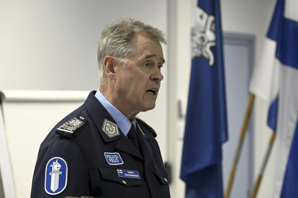National Police Commissioner Seppo Kolehmainen speaks during a police press conference on the Viertola school shooting incident, in Vantaa, Finland, Tuesday, April 2, 2024. A 12-year-old student opened fire at a secondary school in southern Finland on Tuesday morning, killing one and seriously wounded two other students, police said. The suspect was later arrested. (Markku Ulander/Lehtikuva via AP)
