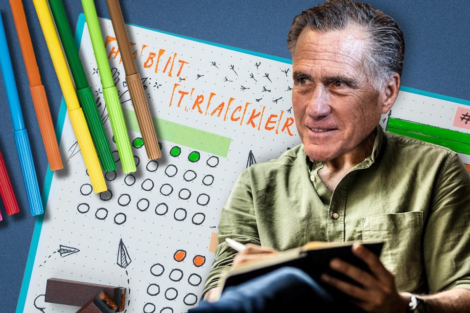 Mitt Romney wears a green shirt and writes in a journal. Behind him are various shades of markers and colorful journal pages.
