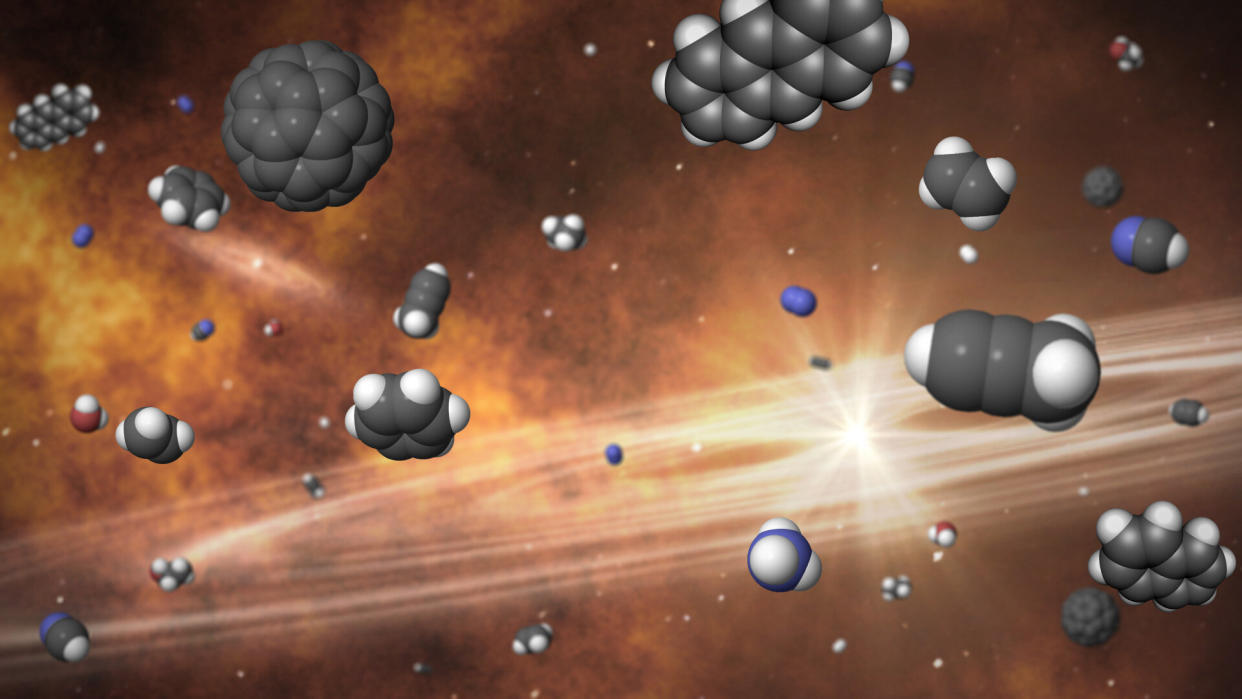  An artist's impression of the molecular soup in the Perseus Cloud that contains compounds that are precursors of life. 