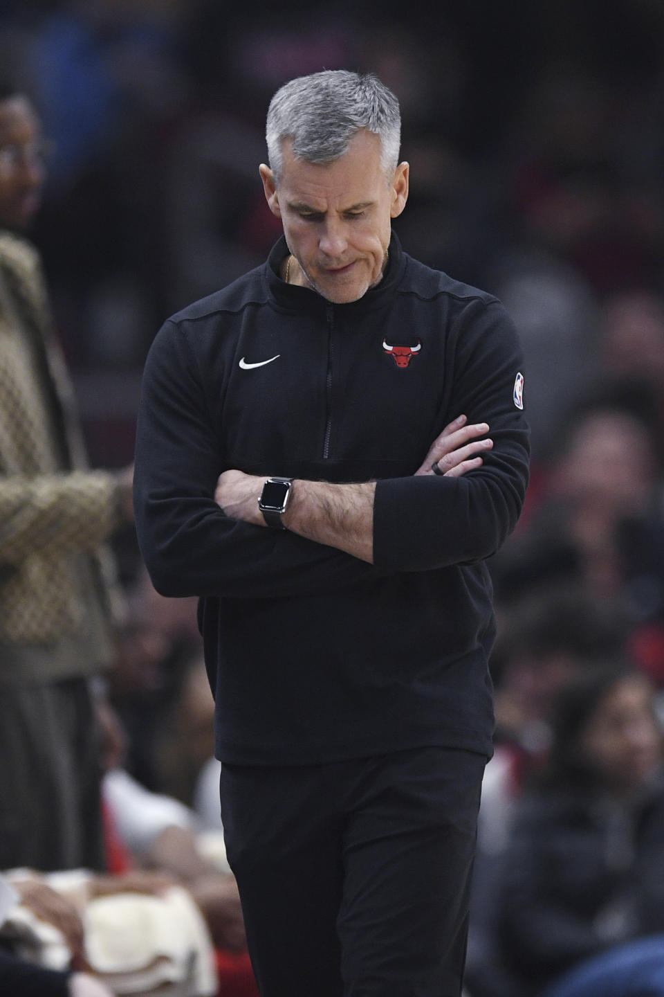 Chicago Bulls coach Billy Donovan reacts during the second half of the team's NBA basketball game against the Golden State Warriors on Friday, Jan 12, 2024, in Chicago. (AP Photo/Paul Beaty)