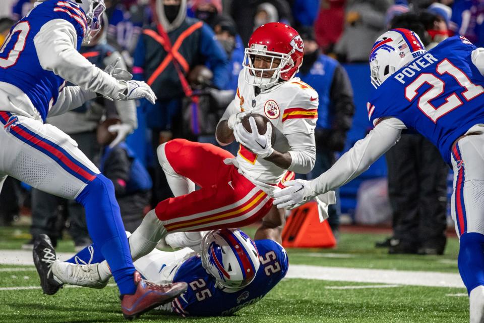Just before his untimely fumble, Chiefs wide receiver Mecole Hardman lunges for the goal line in Sunday's 27-24 win over the Bills.