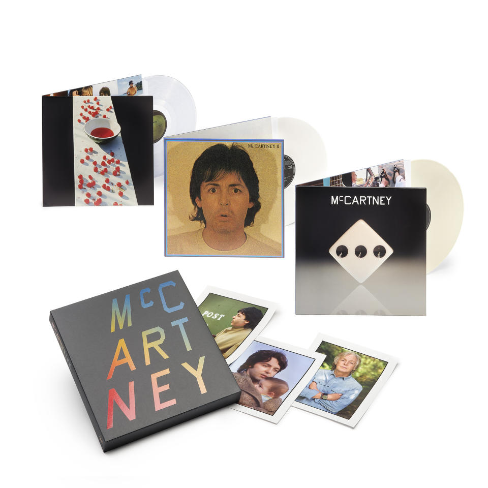 This image released by UMC/EMI shows Paul McCartney's three solo albums packaged into a single box. His first, “McCartney,” was released in 1970 and features “Every Night,” “Junk” and “Maybe I’m Amazed.” “McCartney II” came out in 1980 and contained “Coming Up,” “Waterfalls” and “Temporary Secretary.” The third out 2020 had tracks “Find My Way” and “Women and Wives.” (UMC/EMI via AP)