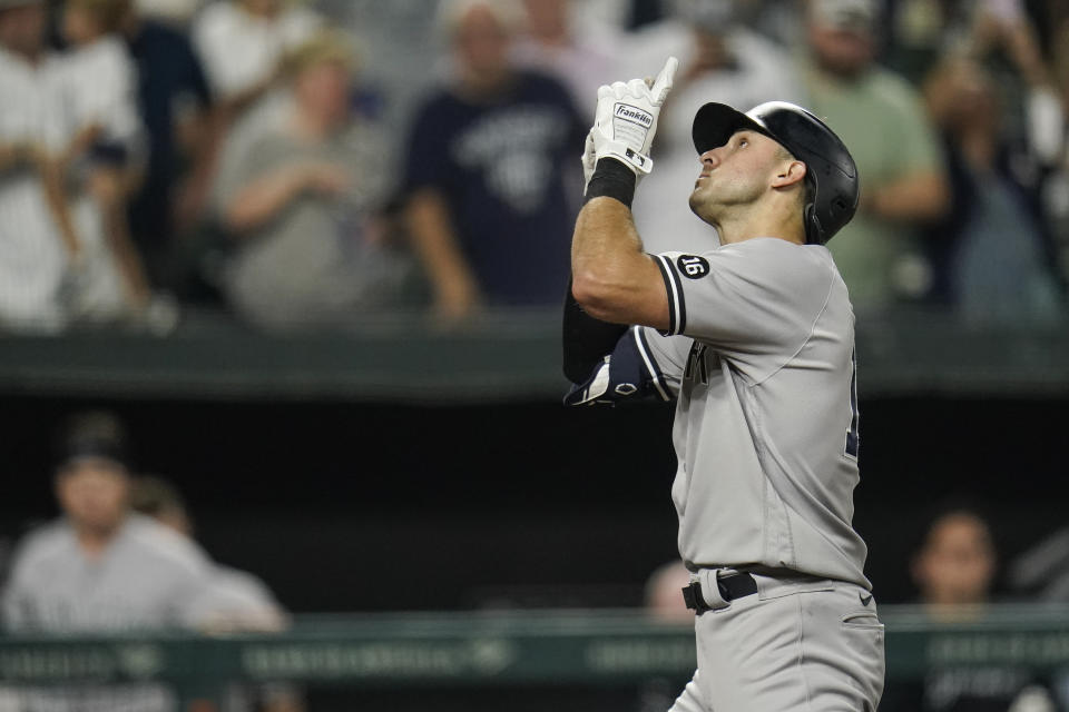 New York Yankees' Joey Gallo gestures after hitting a solo home run against the Baltimore Orioles during the eighth inning of a baseball game, Tuesday, Sept. 14, 2021, in Baltimore. (AP Photo/Julio Cortez)