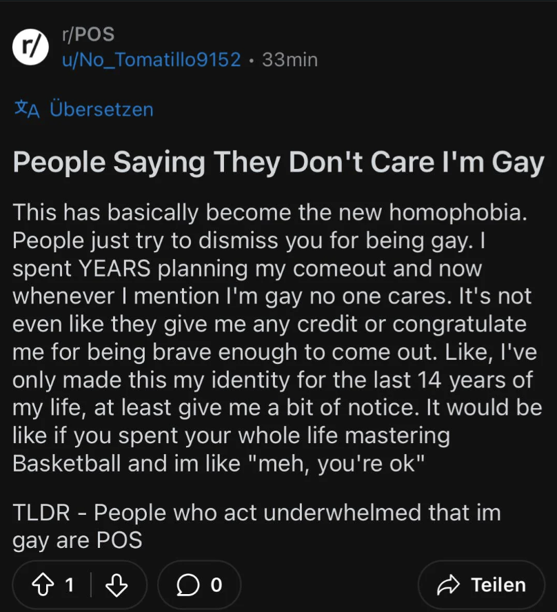 The image shows a screenshot of a Reddit post discussing the author's frustration with others not celebrating their sexual orientation