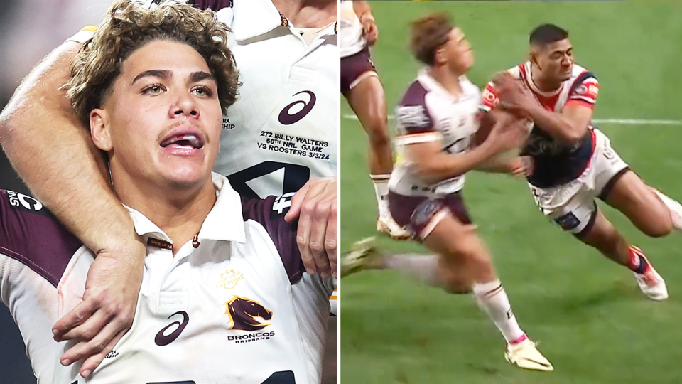 NRL fans were left divided after Reece Walsh (pictured left) remained on the field after his shoulder charge Daniel Tupou (pictured right) in the act of scoring a try. (Images: Getty Images/Fox Sports)