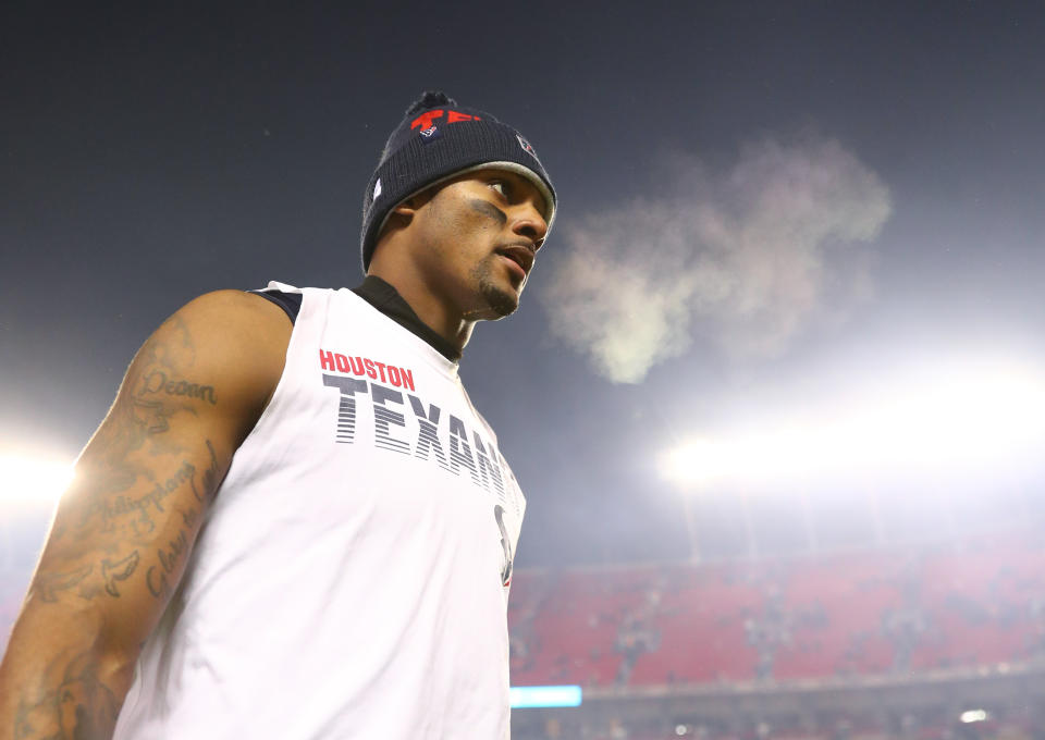 Jan 12, 2020; Kansas City, Missouri, USA; Houston Texans quarterback Deshaun Watson (4) reacts as he leaves the field following the game against the Kansas City Chiefs in the AFC Divisional Round playoff football game at Arrowhead Stadium. Mandatory Credit: Mark J. Rebilas-USA TODAY Sports